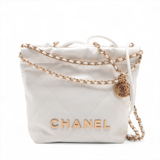 Chanel 22 Mini Leather Chain Shoulder Bag White Gold Metal Fittings